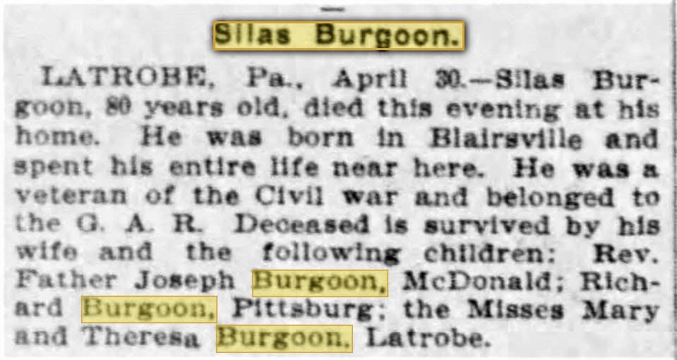 Newspaper obituary for Silas Burgoon, Civil War veteran