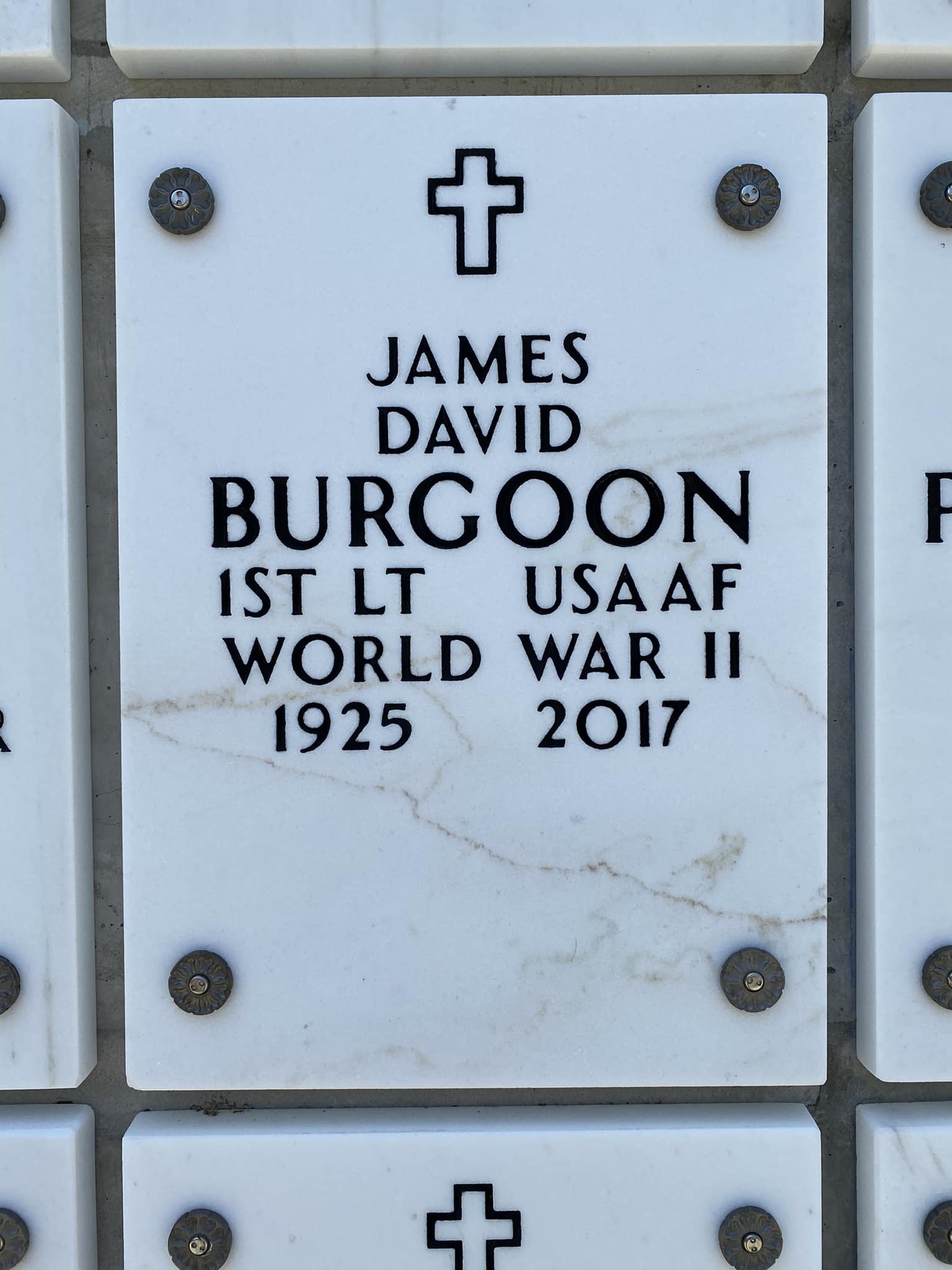James David Burgoon, 1st Lt USAAF, WWII memorial marker