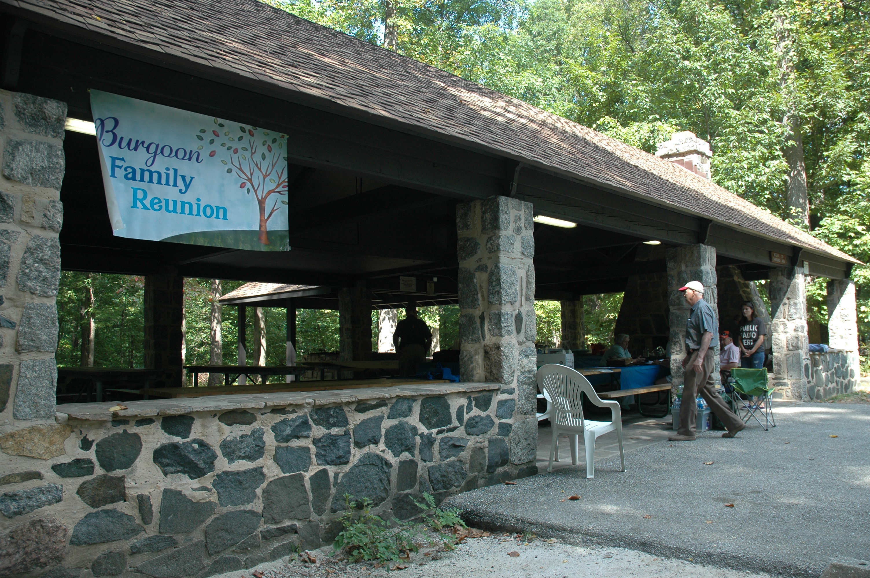 Burgoon Family Reunion — stone pavilion with the Burgoon Family Reunion banner