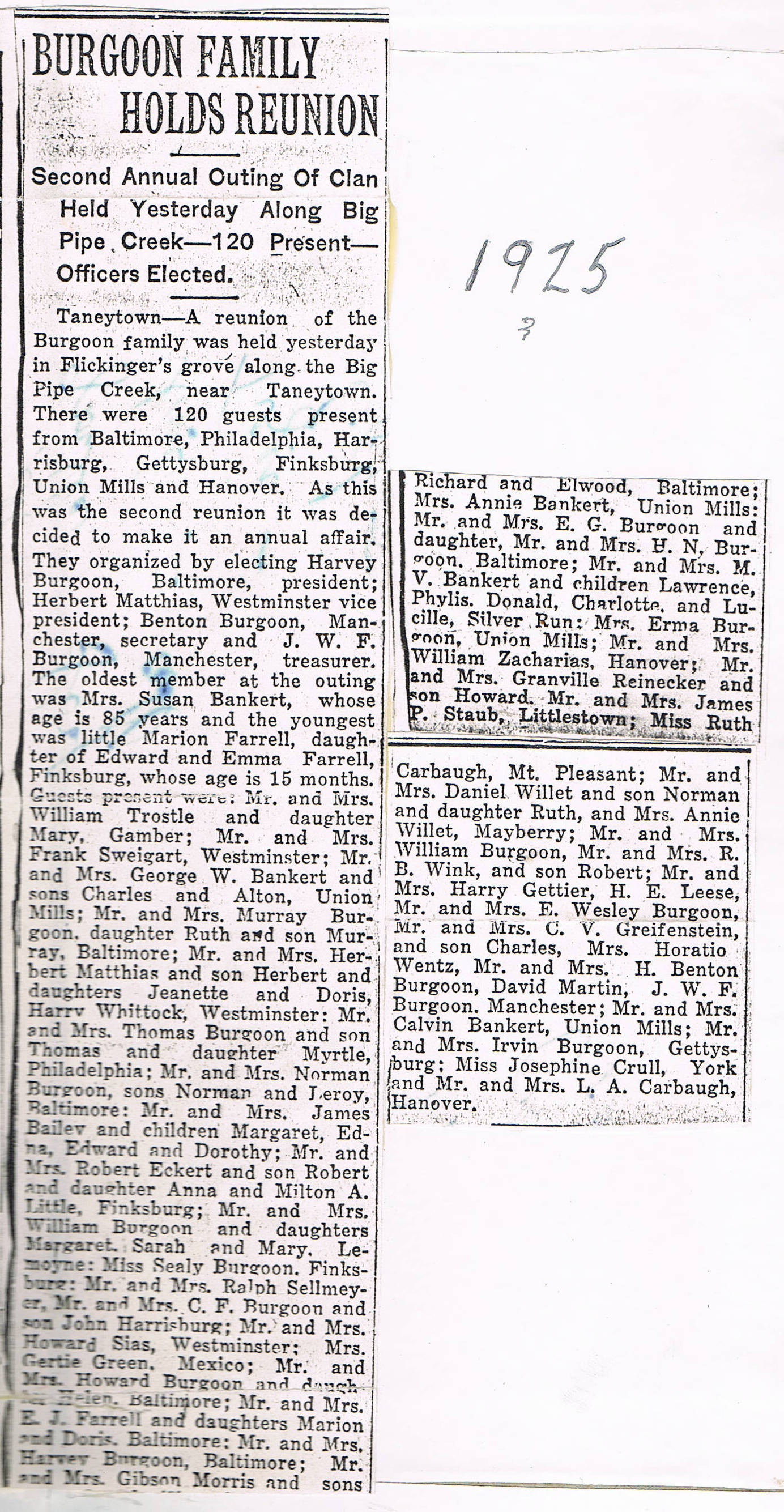 Baltimore Sun article about the 1925 Burgoon Reunion