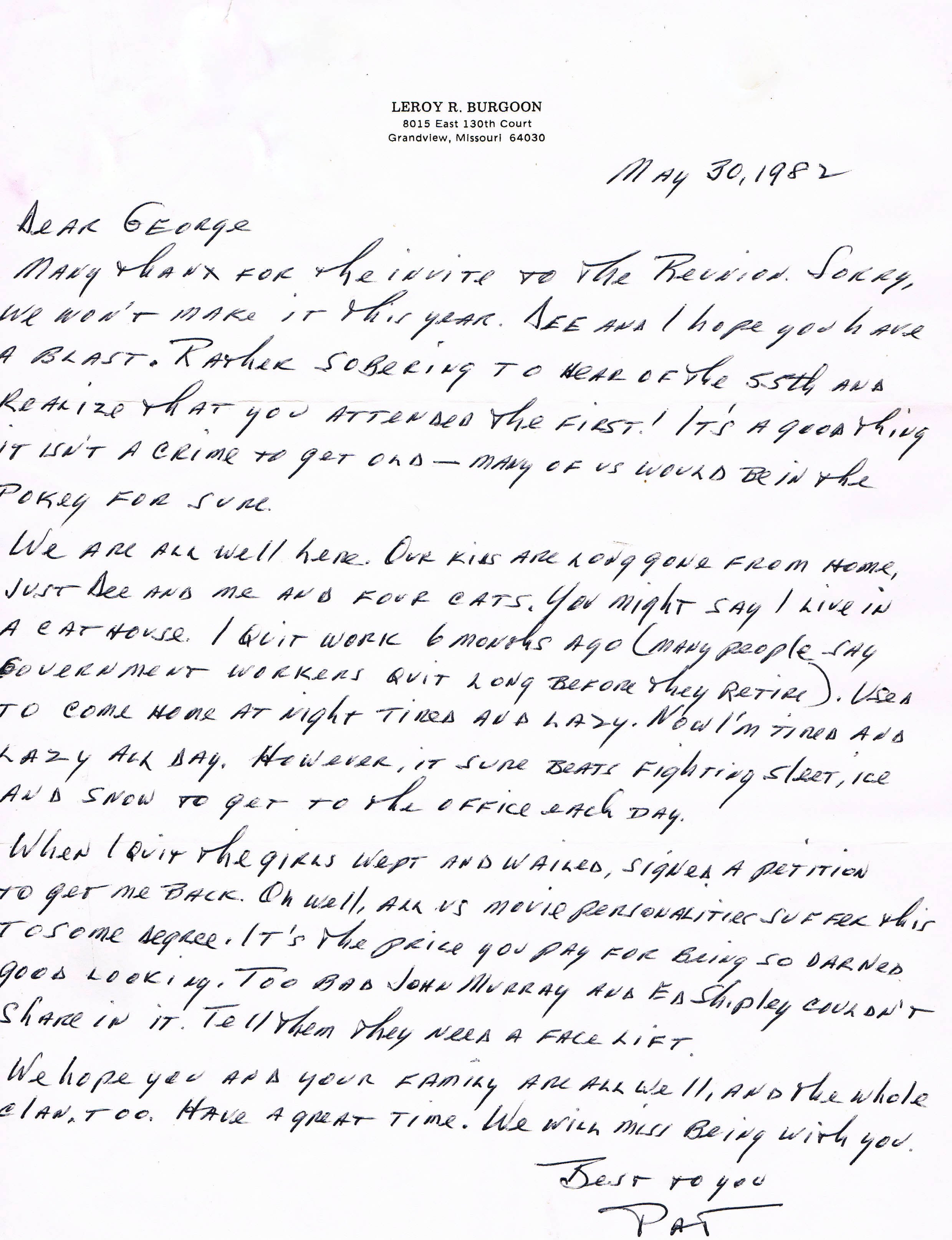 Handwritten letter from Pat Burgoon, 1982