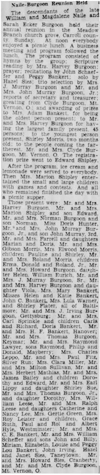 Evening Sun clipping, July 29 1936 — Naile-Burgoon Reunion