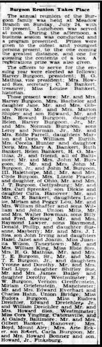 Newspaper article about the 1938 Burgoon Reunion